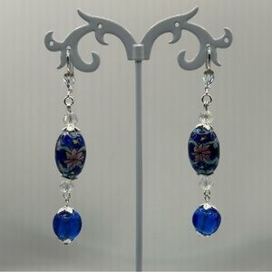 Handmade Vintage Painted Porcelain Blue and Pink Dangle Beaded Earrings